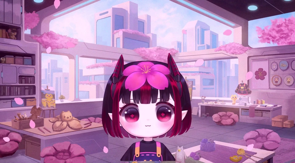 KAIOS, mid-song, in a room full of cherry blossom and soft light.