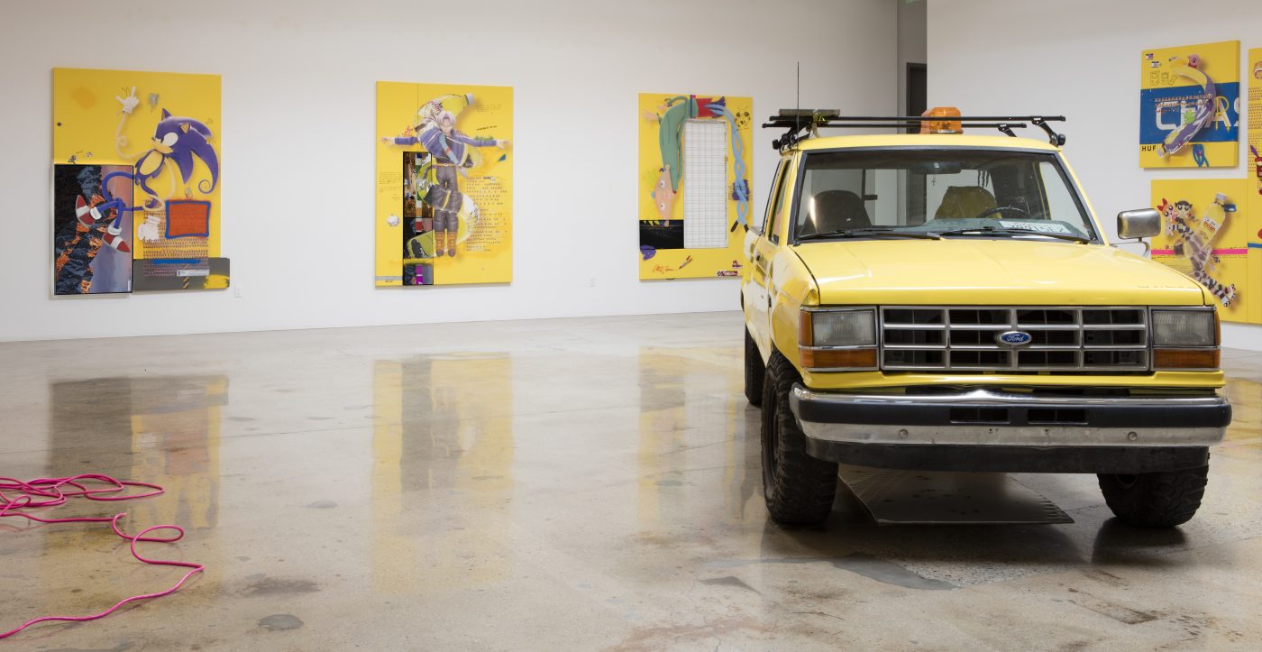 Caution: Wet Floor, installation view with the yellow truck, 2017